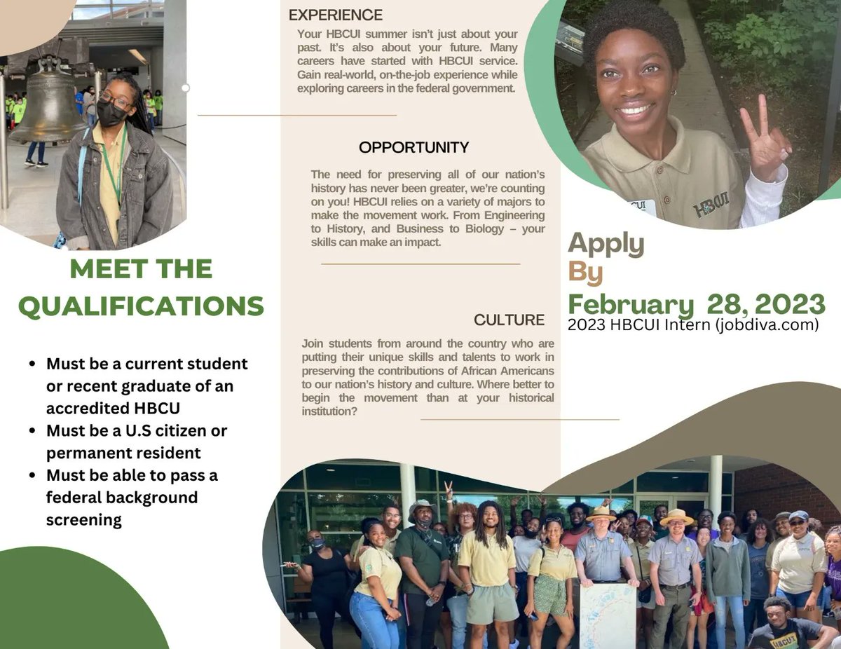 NPSYouth's tweet photo. 📢 Apply to the Historically Black Colleges and Universities (HBCU) internship opportunities that will begin in May through @GreeningYouth! ➡️ https://t.co/buThHqSd9B

#FindYourPark #NPSYouth #HBCU #BlackHistoryMonth #Internships https://t.co/HDuLyeQVEf