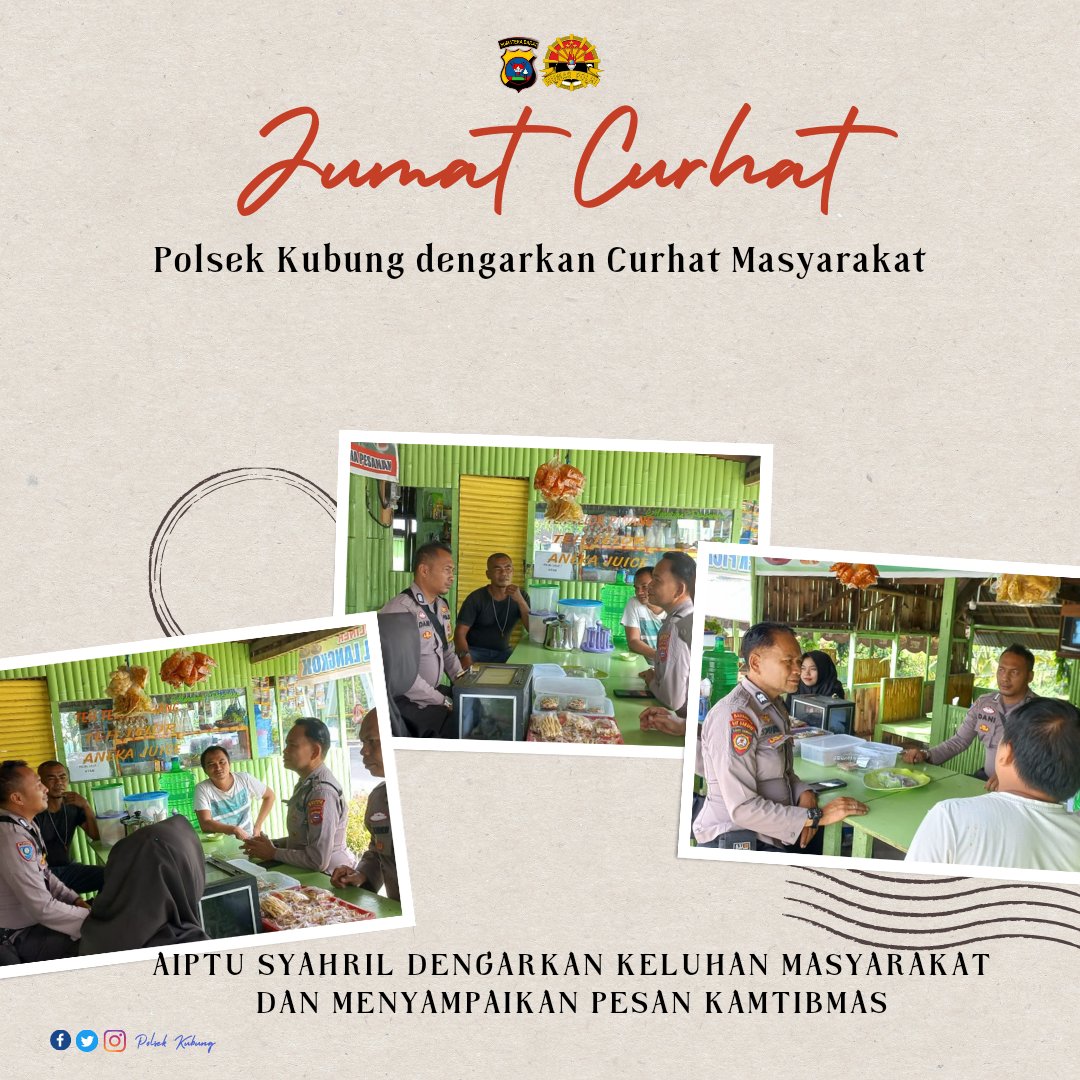 KubungPolsek's tweet photo. Aiptu Syahril beserta Personil Polsek Kubung melaksanakan kegiatan jumat curhat dengan masyarakat nagari koto baru kec.kubung kab.solok.
#polri #polripromoter #polripresisi #polripeduli #divisihumaspolri #humaspoldasumbar #poldasumbar #polressolokarosuka https://t.co/Utjz3m9HyH
