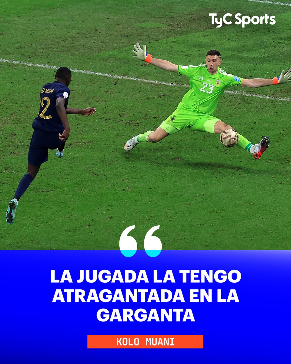 TyCSports's tweet photo. KOLO MUANI SIGUE PADECIENDO LA ATAJADA DEL DIBU EN LA FINAL 😭🇫🇷

"La conozco de memoria", reveló el delantero de Francia sobre la agónica salvada del arquero de la Selección Argentina en el Mundial de Qatar 2022. https://t.co/5lBSYpHz0O