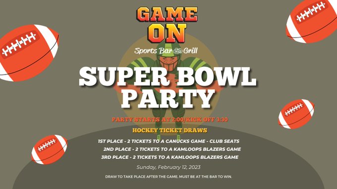 Super Bowl Sunday – Sunday, February 12, 2023
Party Starts at 2:00pm Kick Off at 3:30pm
Free snacks, food and drink specials
Lot’s of door prizes and draws
Hockey Ticket Draws 
#SuperbowlSunday #SB57 #SuperbowlParty #GameOnSportsBar #MerrittBC #merritt #FoodSpecials #DrinkSpecial