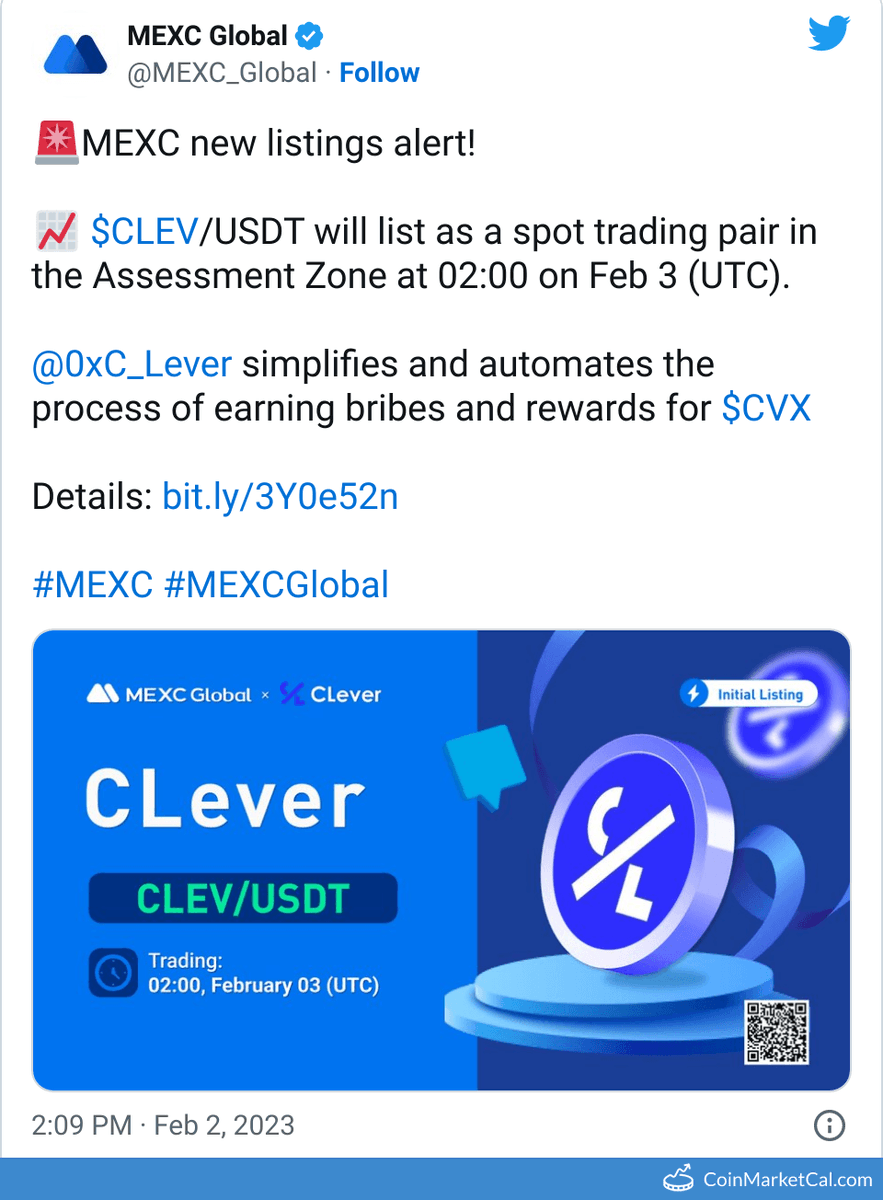 cmcal_bot's tweet photo. 🆕 New CLever $CLEV event! 
 
03 February 2023 
MEXC Global Listing  
 
Source: https://t.co/aLwo3oNguR https://t.co/55psp5E9v6