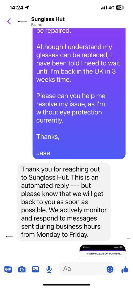 SafeHandsRHBS's tweet photo. @sunglasshut I appreciate the auto response to my FB Message… although it hasn’t happened and I’m on holiday with you ignoring me. I thought you cared about your customers? https://t.co/pGWQziGW6t