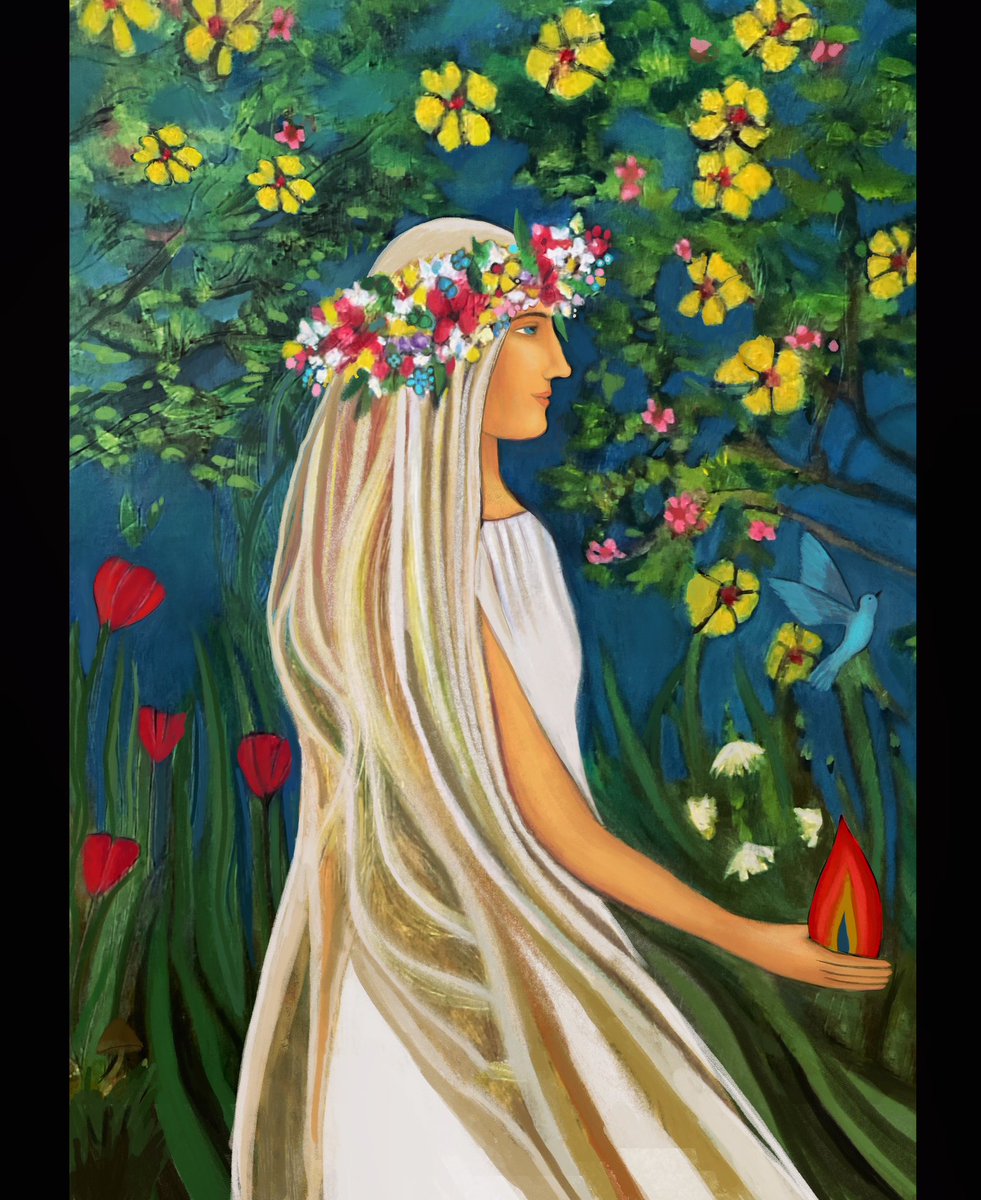 jaji817's tweet image. Brigid carries sacred fire in her palm, the seeds  in Earths womb begin to stir. Springtime is near. #flowertime #brigid #imbolc #oilonwood #jessicaleighhenryart #FolkloreThursday