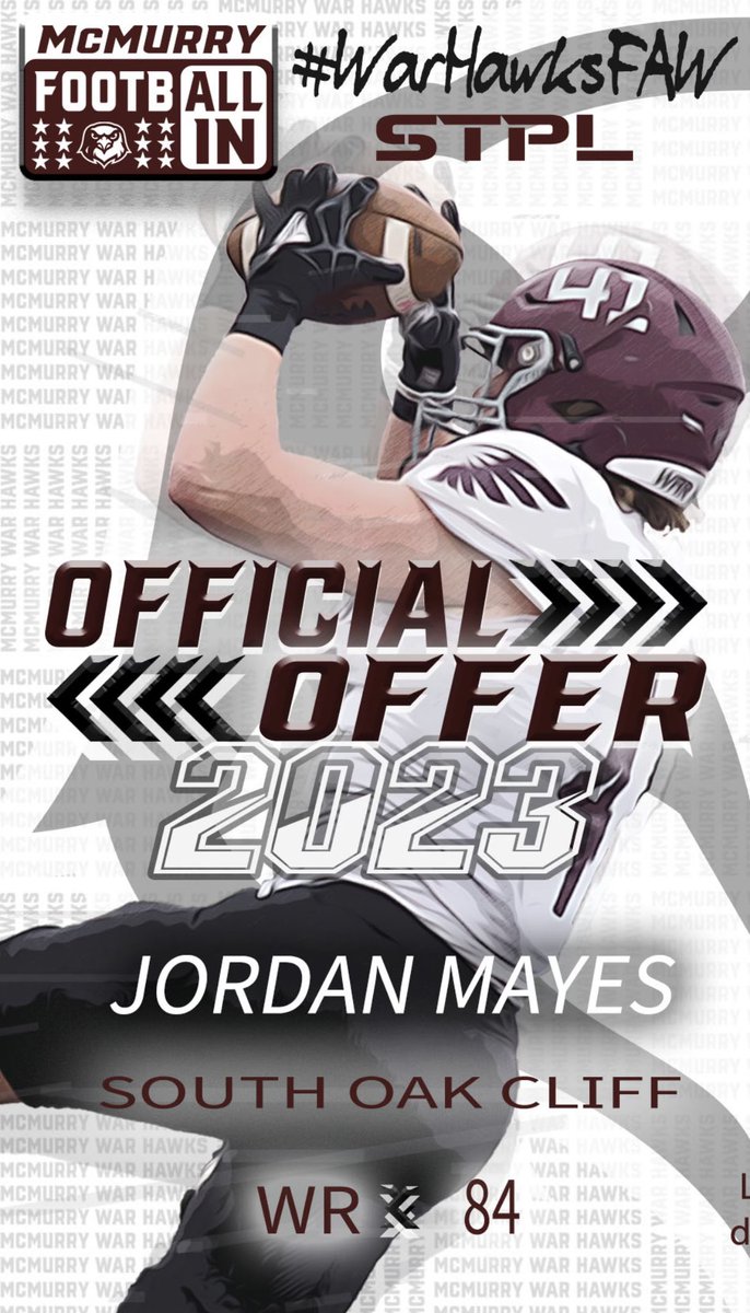 After a great talk with Coach @mark_rau9 I would like to to announce that I have received an offer from Mcmurry University 🦅 @coach_traylor @SOCGoldenBearFB