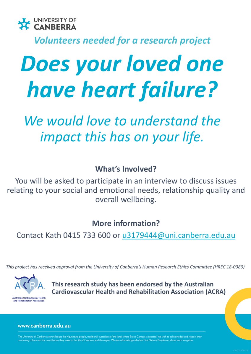 There are still opportunities to participate. Reach out if you have any questions
 #heartfailure #heartresearch #UniCBR #caregiver #caregiversupport @UniCanberra @ACRA_ACRA @HeartFailureFrm @CHAPproject @heartfoundation @HeartFailure_HU @hearts4heart @OzCvA @CarersAustralia