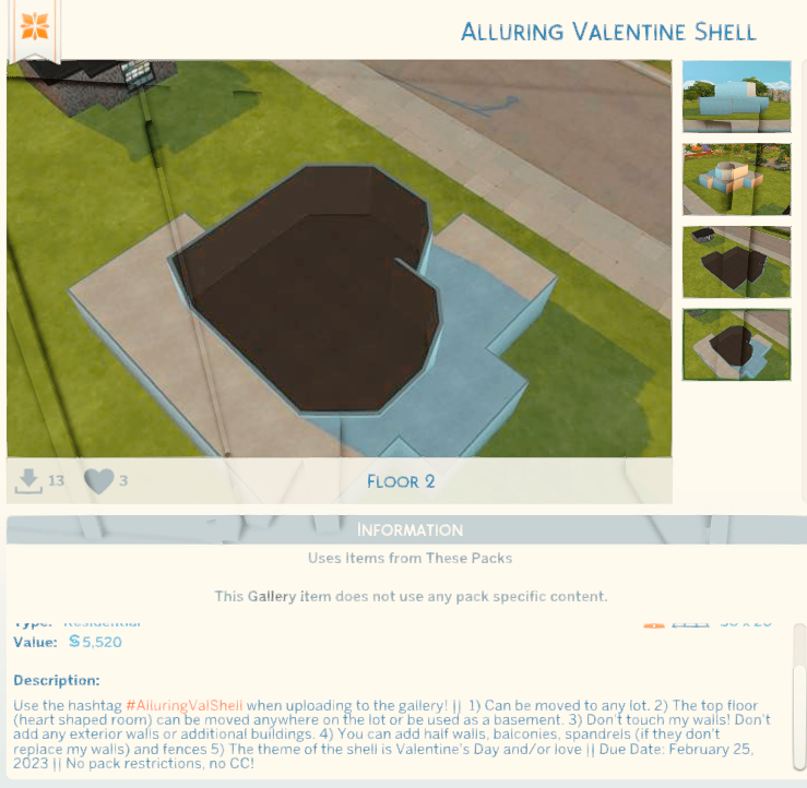 AlluringSimmer's tweet photo. New Shell Challenge ~ Due Date: February 25 (Rules are in the description on the gallery - @alluringsimmer) #TheSims4 #shellchallenge #ts4shell #AlluringValShell 💫💝 https://t.co/GN9o2SmaYm