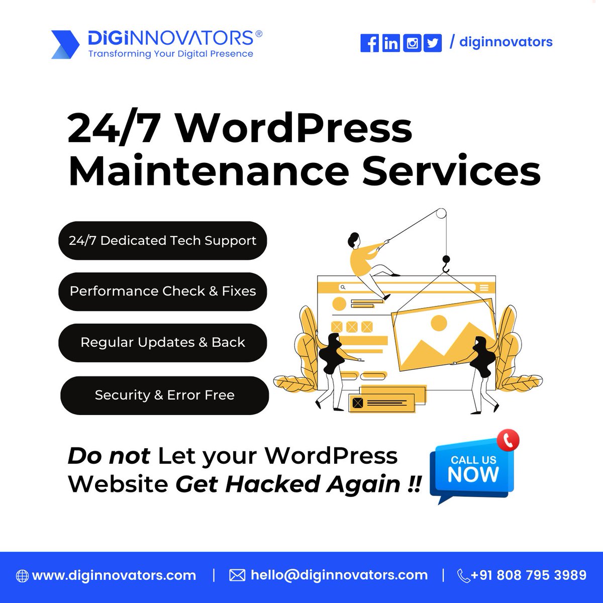 Want to keep your WordPress Website performance at its best ? Connect to our WordPress Experts today ! Get in Touch. #diginnovators  #website  #wordpress #wordpresshelp #WordPressmaintenance #WordPresssupport #Websitemaintenance #Websitemanagement #WordPressManagement  #twitter