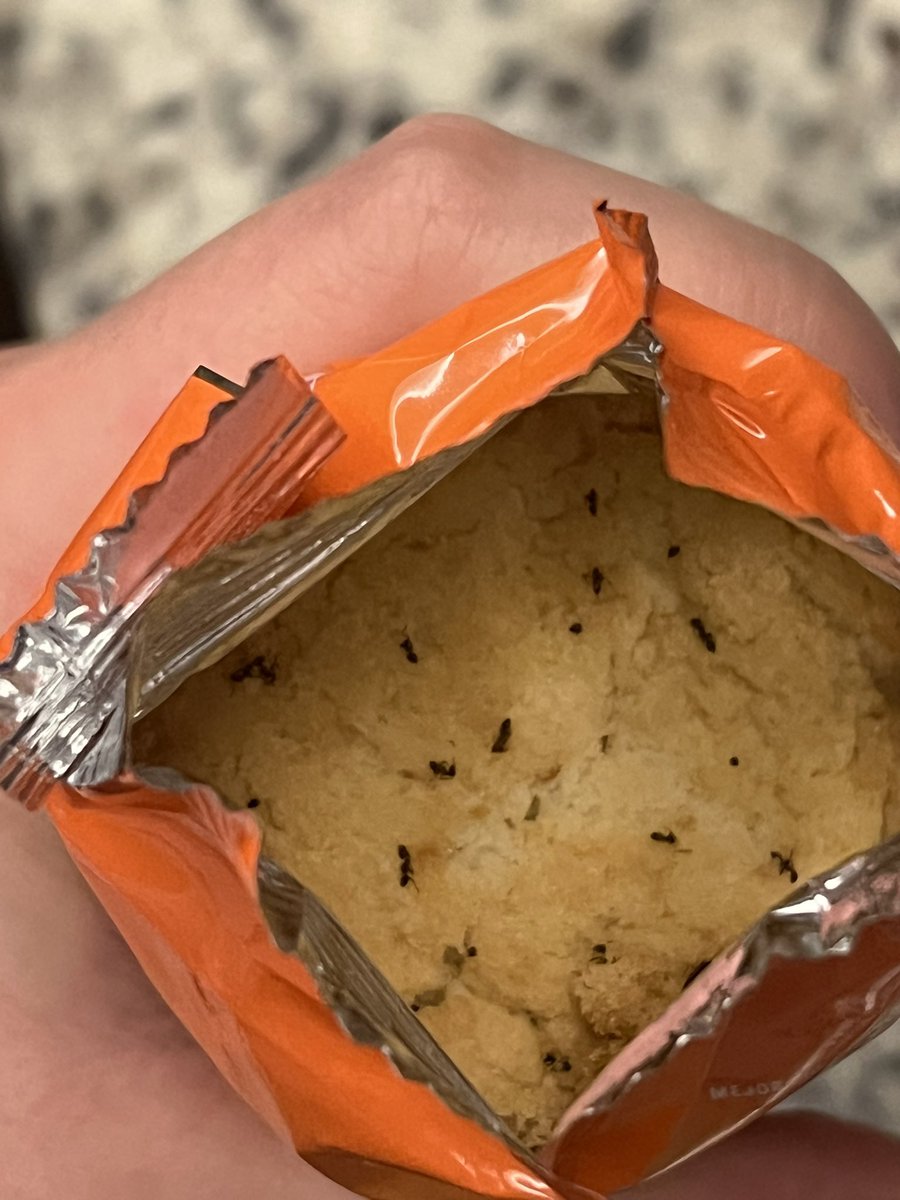 rerivv's tweet photo. @Marinelamx 
La nueva receta es con hormigas?? 
Acabo de comprar unos polvorones y al abrirlos me encontré con esto. 
Era fan de sus productos pero ya me dio mil asco🤢🤢🥴🥴 
Qué onda con su control de calidad! #marinelamx #polvorones https://t.co/S7VovCqyNL