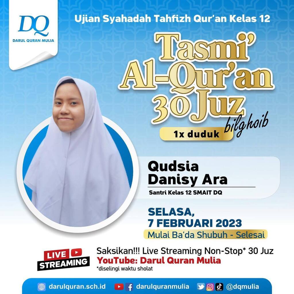 dqmulia's tweet photo. Jangan lupa...
saksikan live streaming tasmi al-qur'an 30 juz 1x duduk bilghoib di youtube Darul Qur'an Mulia. https://t.co/pi3IEt1DBZ