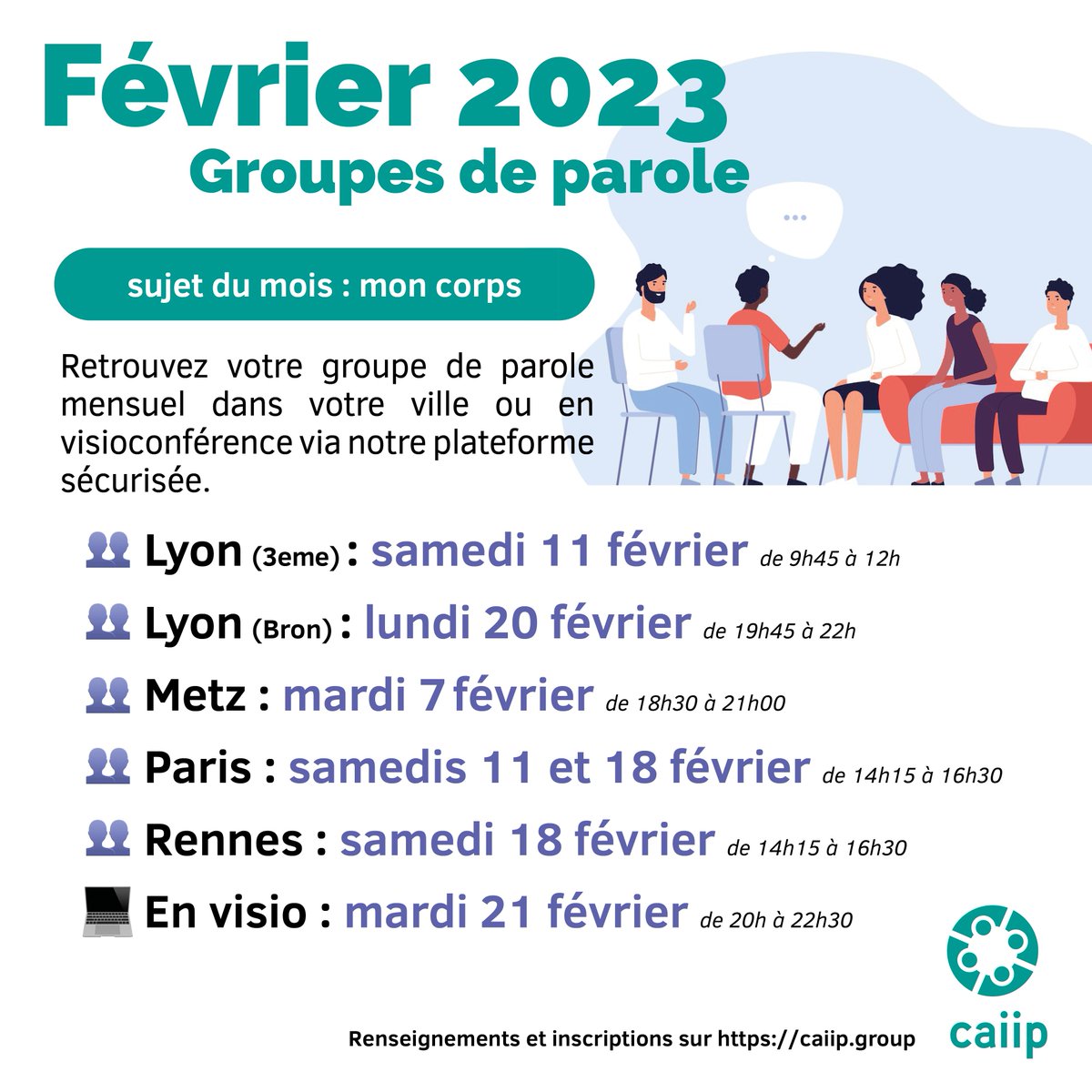 CaiipOrg's tweet image. Bonjour à toustes ! Voici l'agenda du mois de février ! Le thème ce mois-ci est "mon corps". Renseignements et réservation sur notre site : caiip.group
Une inscription gratuite à l'association est demandée. helloasso.com/associations/c…