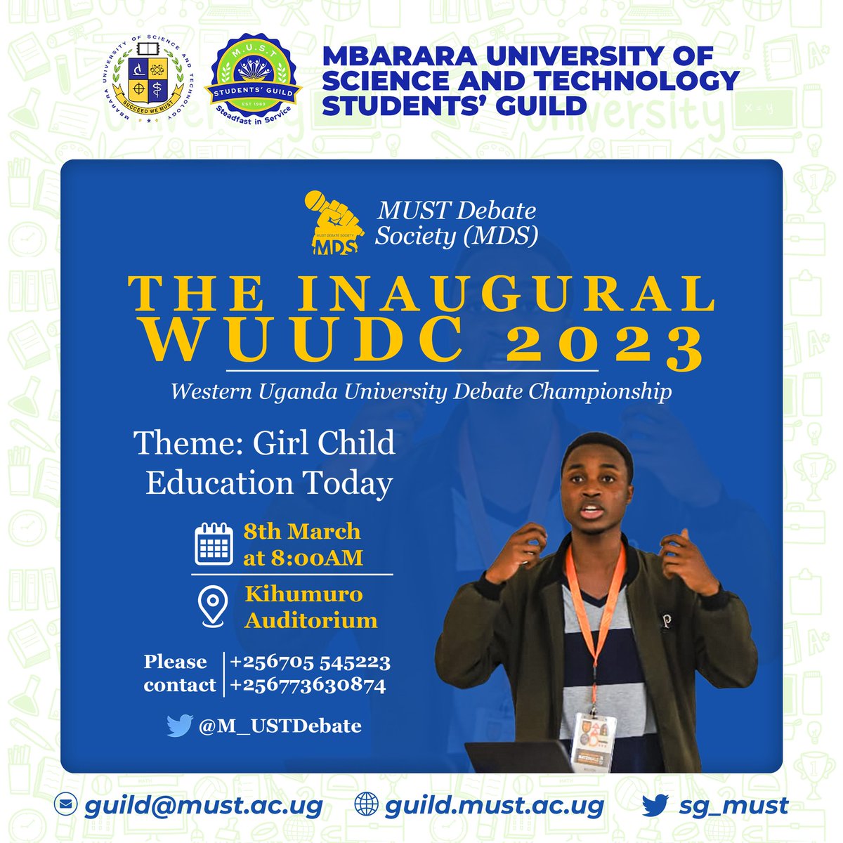 As we look forward to a better world. This women's day, we discuss the role of university students in educating the girl child out there.
Care to join us?
<a href="/MbararaUST/">Mbarara University</a> <a href="/Hertimeisnoww/">The protecting hands</a> <a href="/DebateUganda/">Debate Society Uganda</a> <a href="/NDCUganda/">National Debate Council, Uganda (NDC)</a> <a href="/makdebateunion/">Makerere Debating Union</a> <a href="/sg_must/">MUST STUDENTS' GUILD</a> <a href="/annitakomie/">Annita Komugisha</a> <a href="/Mglsd_UG/">Ministry of Gender, Labour and Social Development</a> <a href="/debate_council/">University Debate Presidents Council</a>