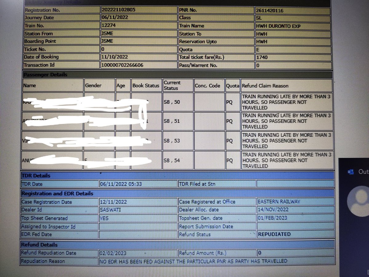 RajeshFlytech's tweet image. @PMHouseIndia @irctceastzone @IRCTCofficial @RailMinIndia @ZeeNews @aajtak @ndtvfeed 

My train was late for more than 3 hours. I have filled TDR for this on 06 Nov 2022. Now the refund status is showing, No EDR has been Fed against the particular 
PNR as party has travelled.