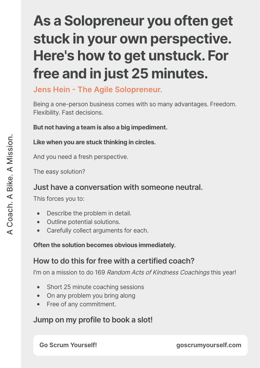 goscrumyourself's tweet photo. As a Solopreneur you sometimes need a fresh pair of eyes.
When you're churning the same topic again and again.
Get unstuck by talking to someone neutral.
Ideally a coach.
I'm on a mission to do 169 Random Acts of Kindness Coachings!
Link in my bio.
#goScrumYourself
#RAKC https://t.co/qwxFtYG3Gg