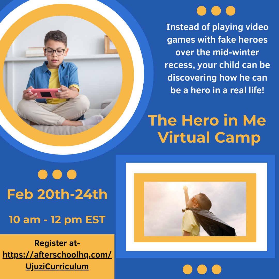 UjuziCC's tweet image. Sign up NOW for The Hero in Me Virtual Camp. Students will be creating stories and transforming them to comics starring themselves as the ones to save the day. Small class size and scholarships are available. Register at afterschoolhq.com/UjuziCurriculum.

#midwinterbreak
#virtualcamp