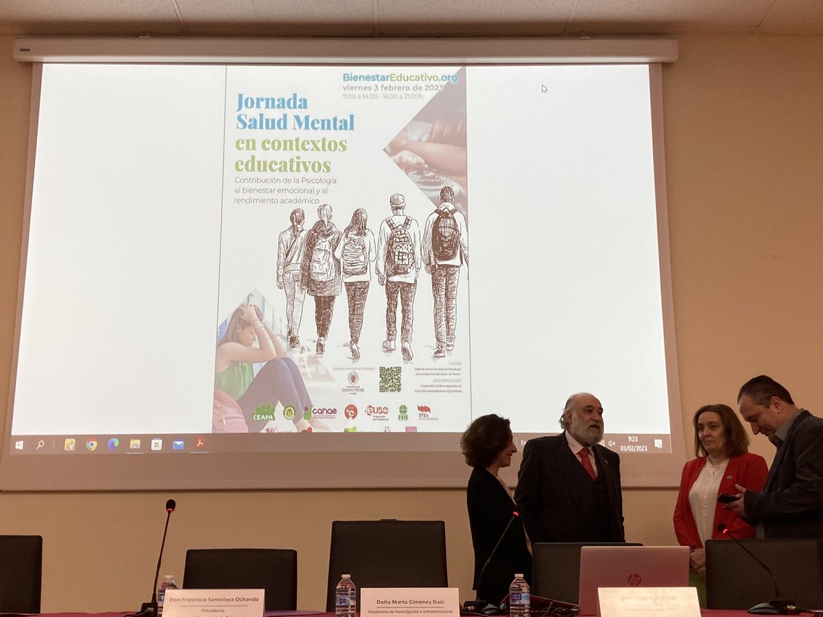 ⏰En unos minutos arranca la 'Jornada Salud Mental en Contextos Educativos' donde #psicólogos/as, #profesores, orientadores, representantes de familias, estudiantes, responderán a muchos de los problemas que se dan en los centros escolares y que afectan al bienestar #psicológico.