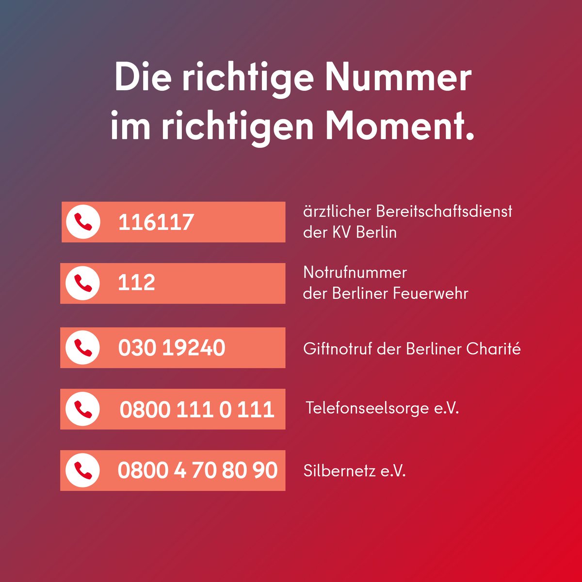 Um die bestmögliche medizinische Versorgung zu erhalten, ist es wichtig seine Situation richtig einzuschätzen. 

Hier hast du eine Reihe von Telefonnummern, die dir in unterschiedlichen Situationen weiterhelfen.

Die richtige Nummer im richtigen Moment. 

Mit <a href="/hauptstadt_kv/">Kassenärztliche Vereinigung Berlin</a>