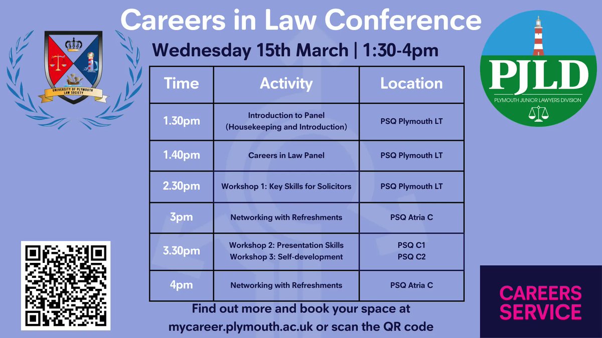 📢 Calling all students and junior professionals who are interested in a legal career‼

The Careers in Law Conference is coming on 15.03.2023.

Find out different ways to get into law.

Sign up here: mycareer.plymouth.ac.uk

The timetable for the afternoon is 👇

#accesstolaw