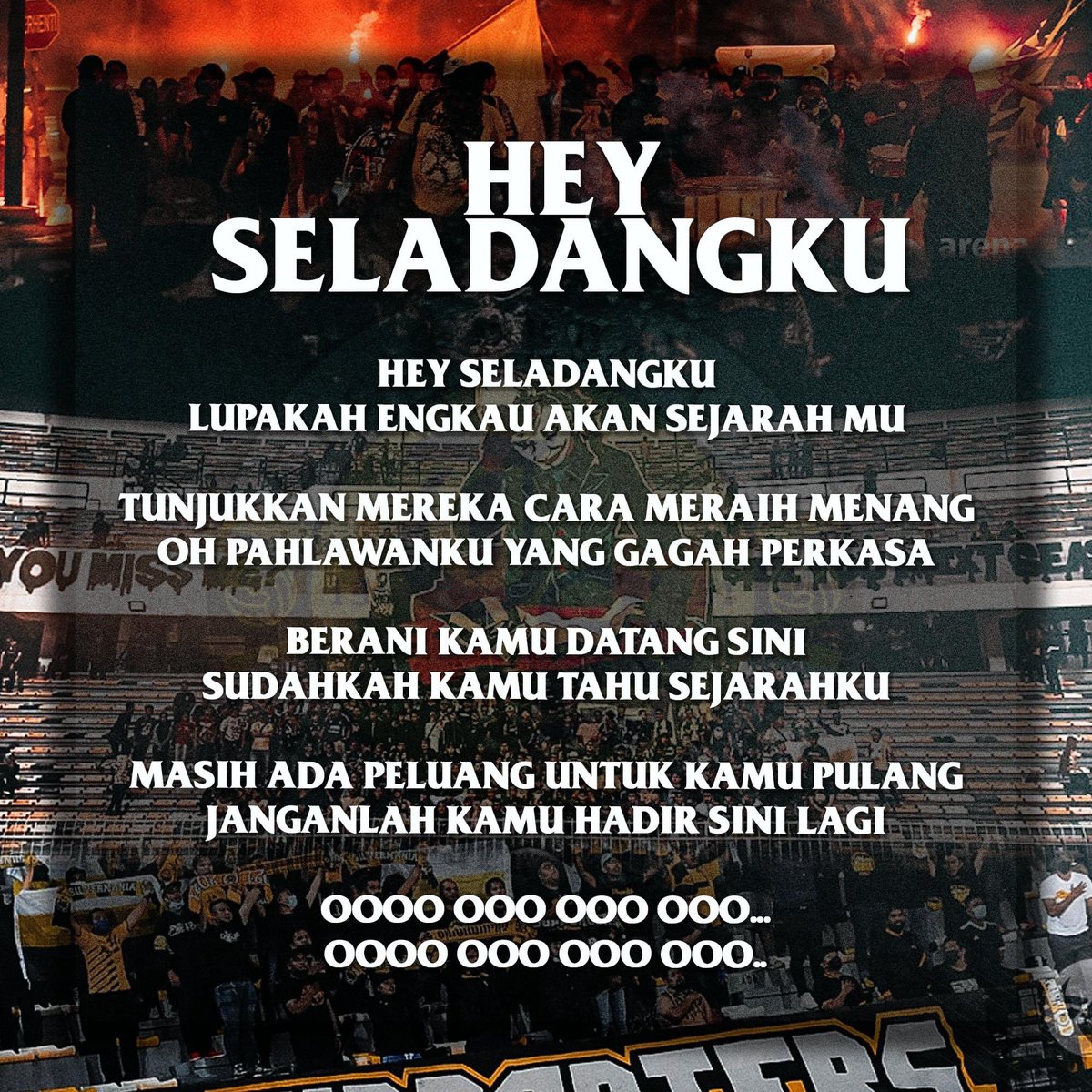 TheSupporters_'s tweet photo. Dalam perjalanan pulang dari kerja tu boleh mula hafal chant baru yang ada ni. Dengar,Hafal,Berdiri Sekali &amp; Chant! Biar satu stadium bergema,biar lawan diatas padang gentar dengan lontaran suara kita.

Ingat! Lontar suara sepenuh jiwa bukan ayor

Lagi ⤵️ https://t.co/T5zptbCoOP
