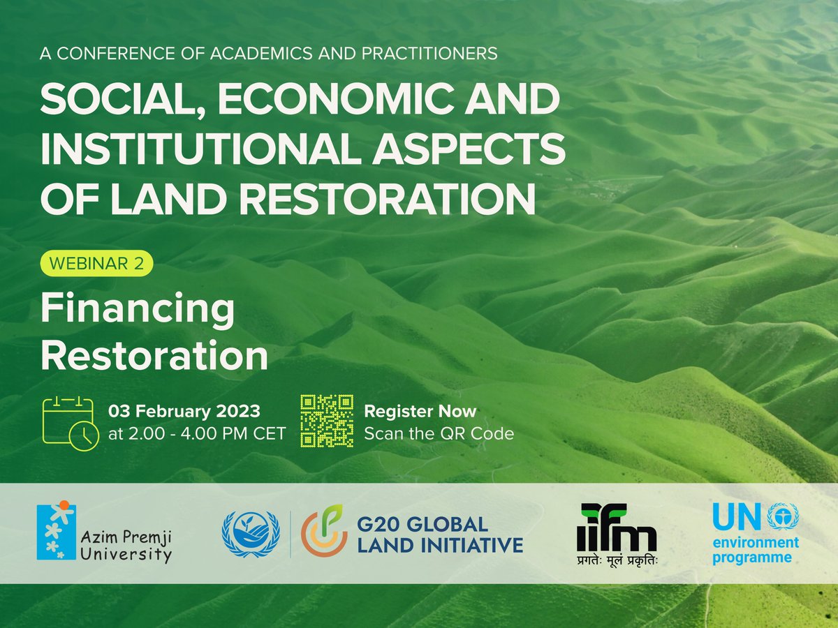 WRIIndia's tweet photo. Webinar Alert | Join @khamoshrewa, Director, #sustainable #landscapes &amp; #restoration, TODAY@6:30 PM for discussing 'FINANCING RESTORATION' organized by @azimpremjiuniv, G20 Global Land Initiative, @IIfmBhopal &amp; @UNEP. Register here https://t.co/WOqPUt4pkB 
#GenerationRestoration https://t.co/bycydbbHCU