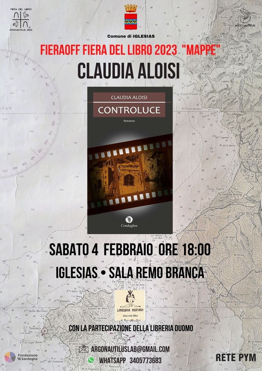 Sabato 04 febbraio ore 18:00
Sala Remo Branca #Iglesias 
CONTROLUCE - PRIMA ASSOLUTA
di e con Claudia Aloisi per #Condaghes edizioni
#FieraOFF #FieraLibroIglesias #MAPPE