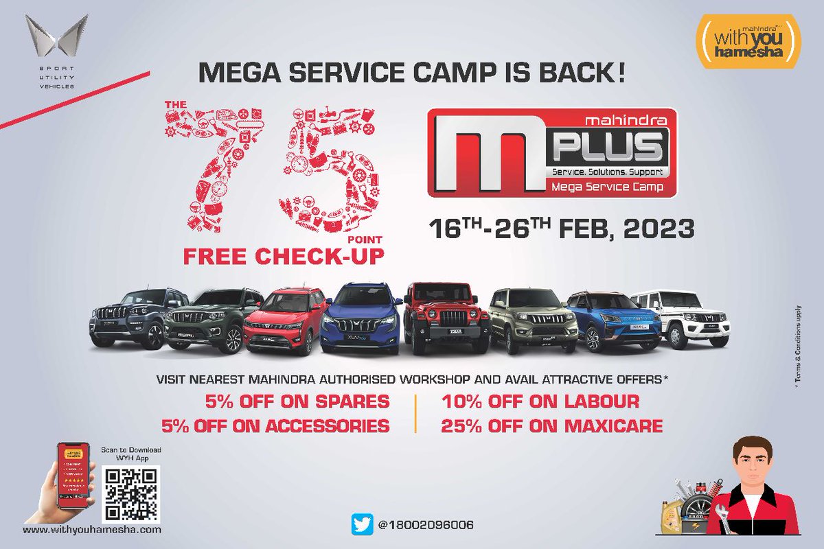 RAJINDIAAUTOPV2's tweet photo. BREAKING NEWS!!
The mPLUS Mega Service Camp is coming from 16th till 26th February 2022.
Best time to get your Mahindra Car Serviced.
Call 7607700910 for details.
#withyouhamesha
#mPLUSmegaservicecamp https://t.co/wqdMYKD3qI