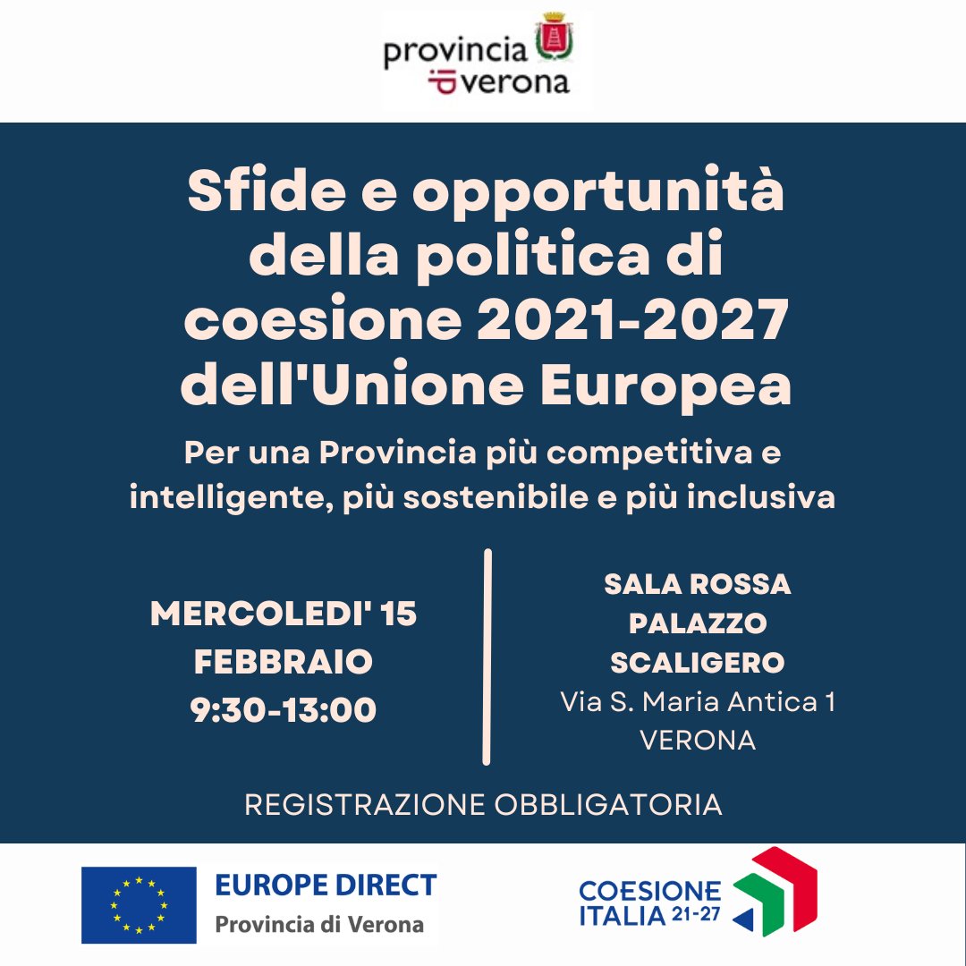 EuropeDirectVR's tweet image. Mercoledì 15 febbraio (9:30-13) per la presentazione dei programmi e dei fondi europei per la Provincia di Verona.
Registrazione al link: forms.gle/KULn4DeVdhK6E8…

@europainitalia
