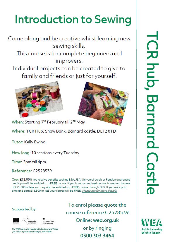 Live local to Barnard Castle and want to try your hand at something new or improve upon existing skills? There's still time to sign up for our Introduction to Sewing course, starting next Tuesday!
enrolonline.wea.org.uk/Online/2022/Co…