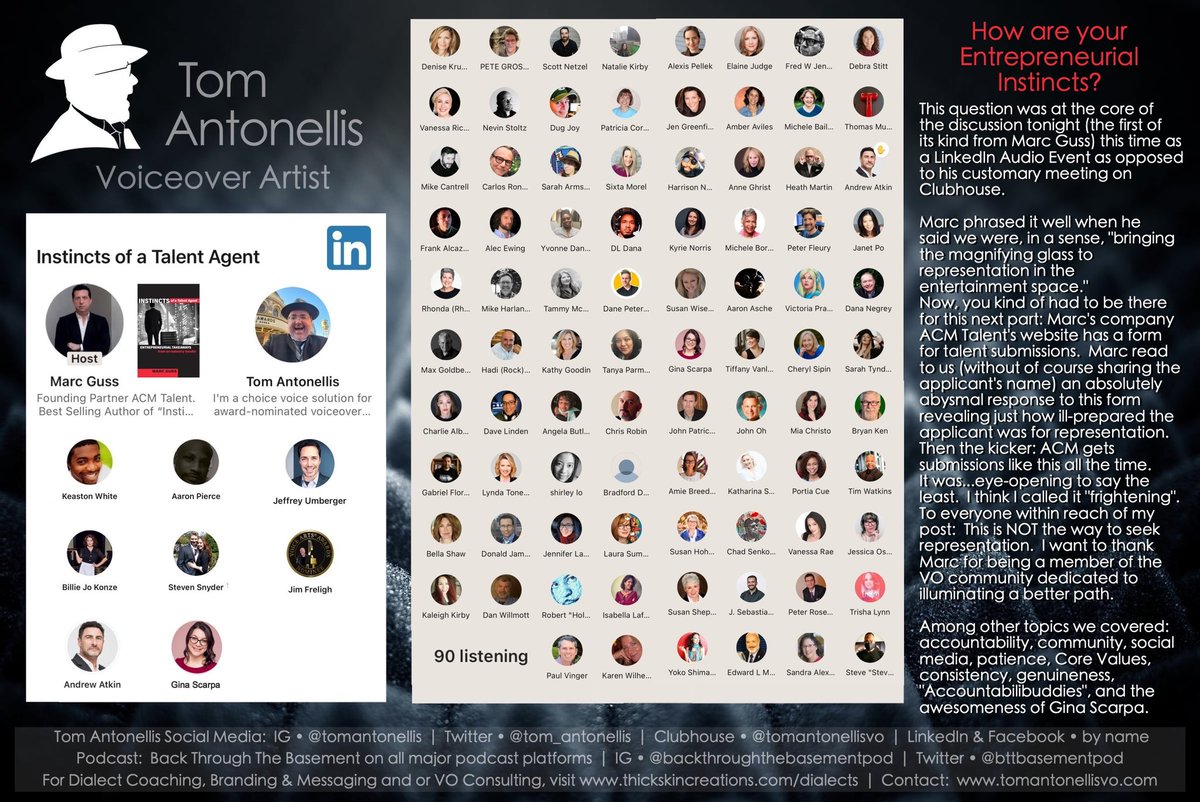 tom_antonellis's tweet photo. How are your Entrepreneurial Instincts?
Ponder that and catch up on the latest discussion with @MarcGuss of #acmtalent by zooming in on the pic. | #instinctsofatalentagent
@tom_antonellis #voiceoverartist , #dialectcoach , #branding and messaging consultant for #VO talent https://t.co/ILrb5TJv6o