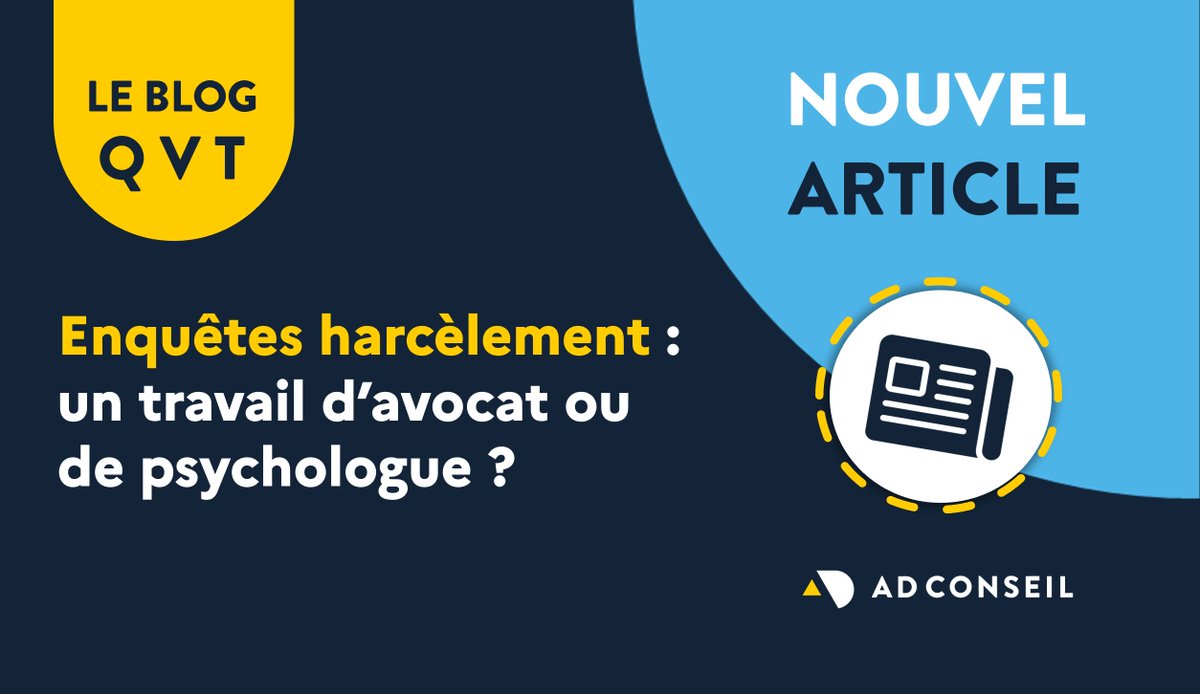 ADCQVT's tweet photo. 📰[NOUVEL ARTICLE] Face à un cas présumé de #harcèlement au travail, deux choix d’intervenants se présentent alors généralement à l’employeur : le #psychologue et l’#avocat.
#QVT

👉 Découvrir l’article : https://t.co/nPPin040cn https://t.co/4leHAFD2Qt