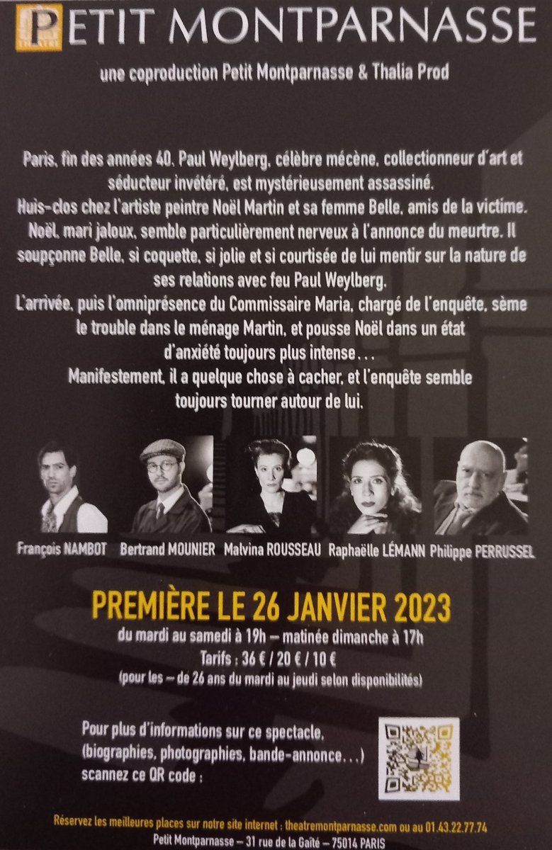 @jmledo1 @brunorozga @TMontparnasse @LaurentMoulin3 🎭N'hésitez pas à vous arrêter au #ThéâtreDuPetitMontparnasse pour cette enquête qui nous ramène délicieusement dans l'ambiance des polar noirs des années 40. Tout est parfait: décors, costumes, lumières, ambiance sonore. Toute la troupe est au top !!! un vrai bon moment 🌟🌟🌟