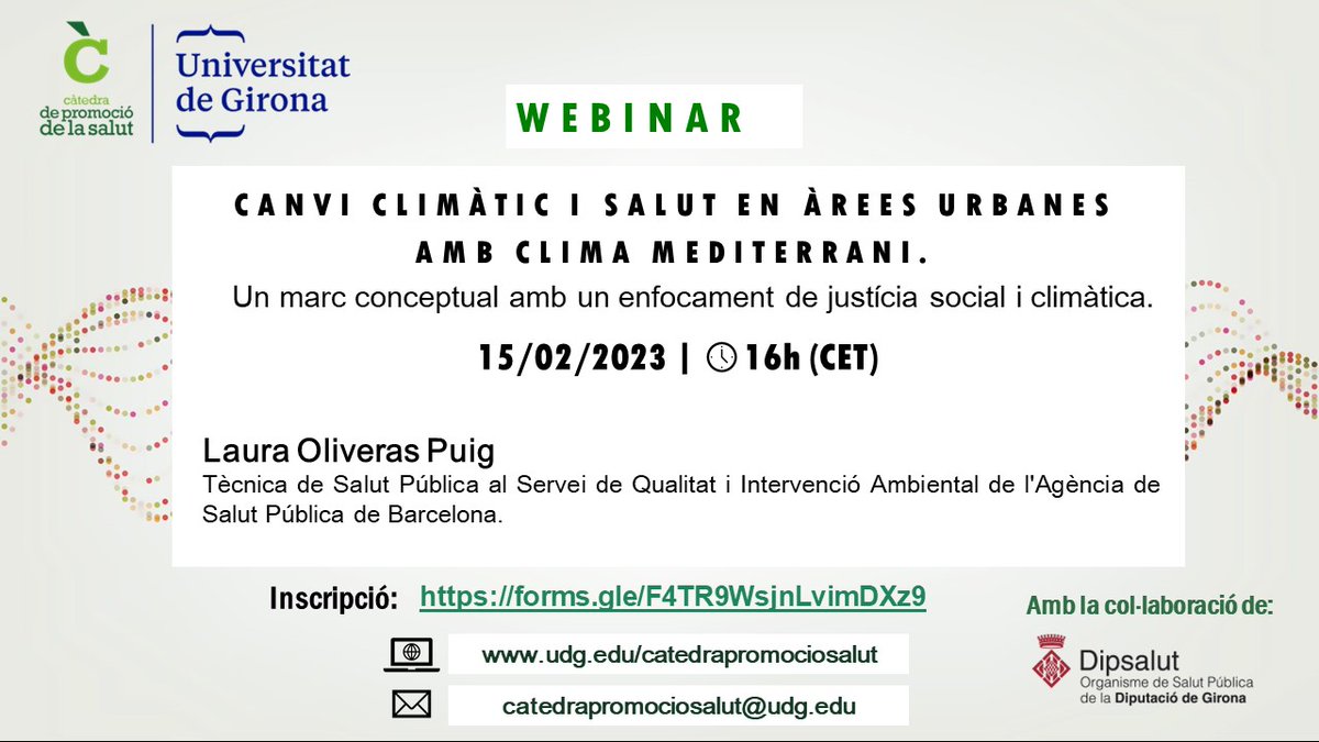 🎯Apunteu a l'agenda!
Webinar "#canviclimàtic i #salut en àrees urbanes amb #climamediterrani: un marc conceptual amb un enfocament de #justíciasocial i climàtica"👌
🗣️<a href="/LauraOliveras_/">Laura Oliveras</a>
 🗓️15 de febrer a les 16h
💻 Zoom
👉Inscripció: forms.gle/4X3GZLHLfcKh69…