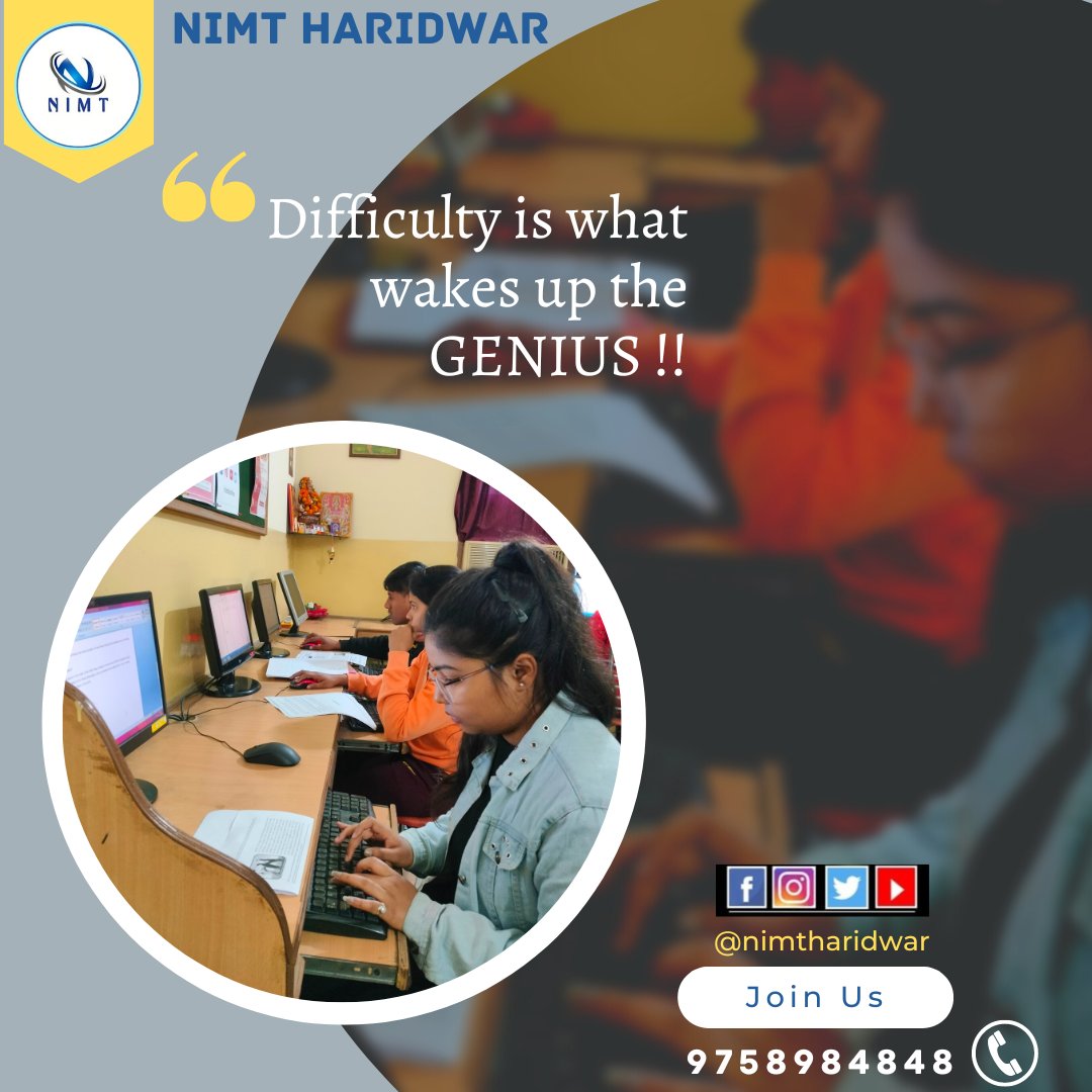 NimtHaridwar's tweet image. “Difficulty is what wakes up the GENIUS” !!🔝
•
•
#instagram #explore #computerknowledge #computercourses #computerinstituteinharidwar #tallygst #computereducation #teachingcourse #computer #technology #pc #tech  #software #windows #computers #business #coder  #instagood