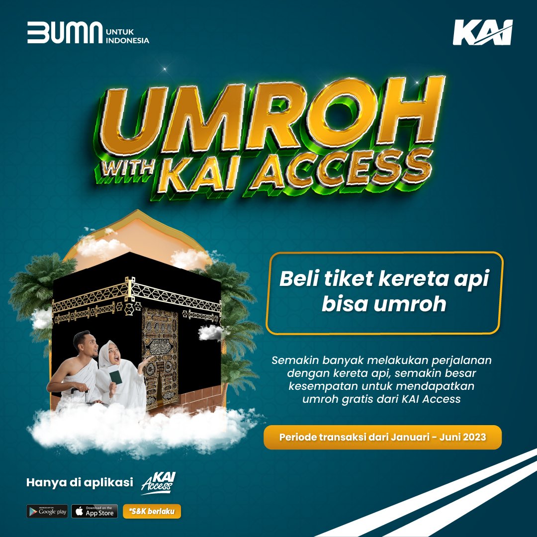 KAI121's tweet photo. Umroh with KAI Access

Buat #SahabatKAI yg aktif &amp; terus-menerus melakukan pembelian tiket KA komersial jarak jauh &amp; menengah via KAI Access (Januari-Juni 2023), berpeluang mendapat kado umroh.

Periode 1 diundi 2 orang terpilih. Pajak ditanggung KAI.

#KAI121
#UmrohWithKAIAccess https://t.co/JEYrUnKtkV