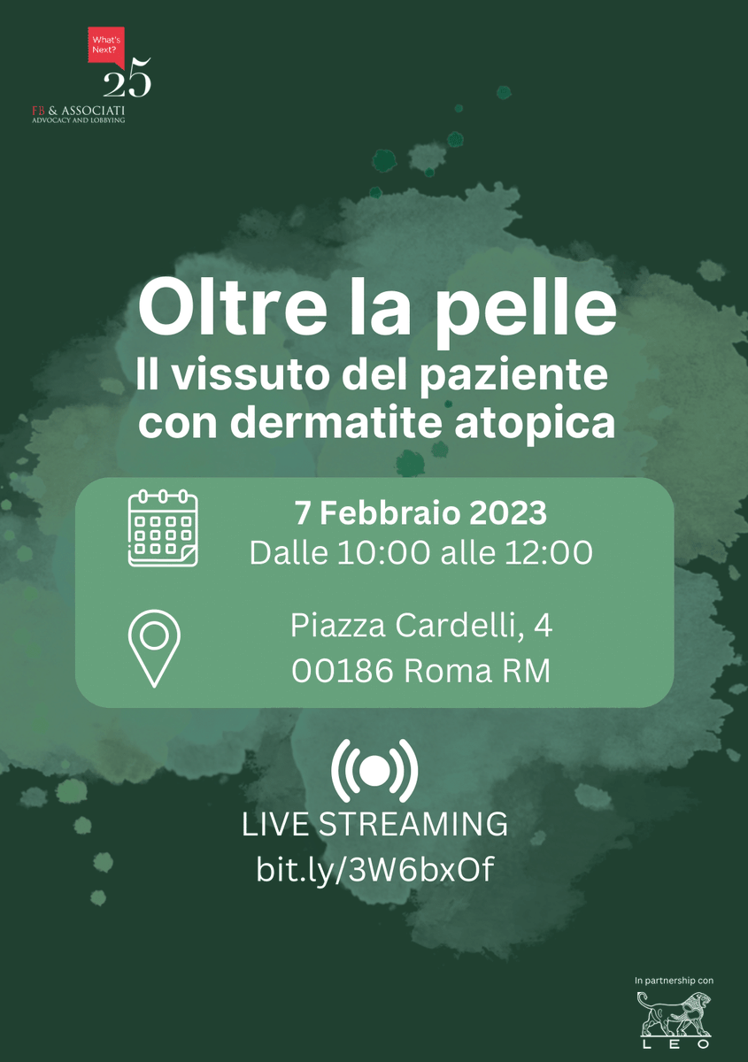 LEOPharmaIt's tweet photo. Martedì, 7 febbraio, si terrà l’evento “Oltre la pelle: il vissuto del paziente con #dermatiteatopica”, organizzato da FB&amp;Associati, in partnership con LEO Pharma. L’evento sarà a Roma, presso Palazzo Cardelli. Sarà possibile partecipare anche da remoto: https://t.co/2YK109OwBV https://t.co/8tZ5dWe3Ba