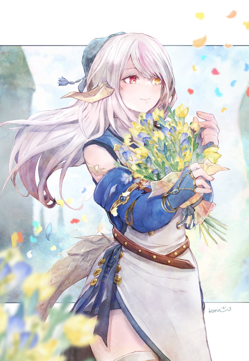 1girl solo au ra horns long hair flower bouquet  illustration images