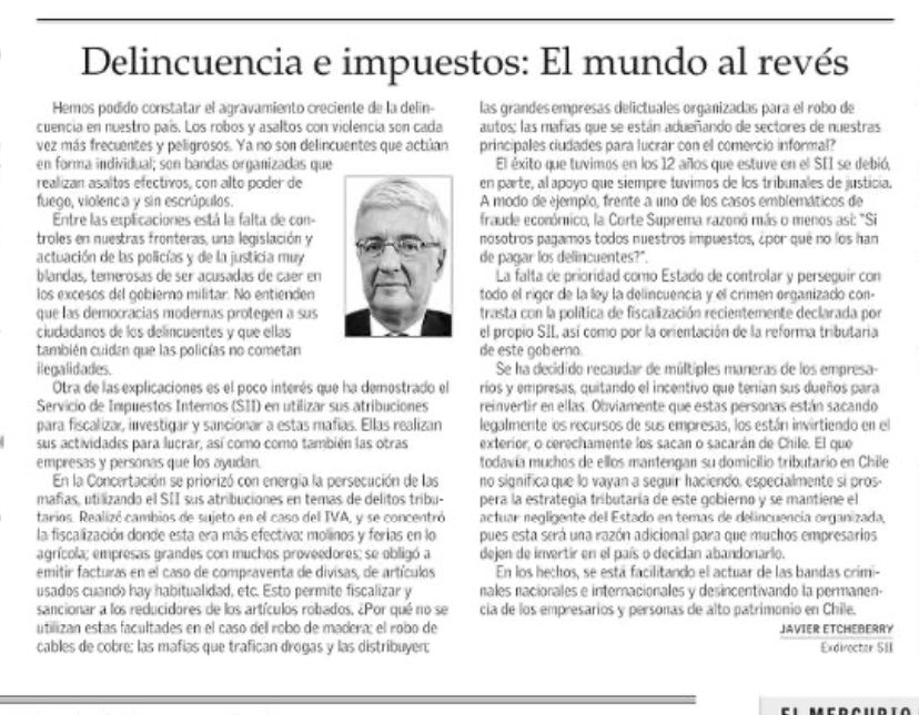 robertoampuero's tweet photo. Recomiendo esta columna de Javier Etcheberry, ex director del SII, sobre el combate que dicho servicio puede volver a prestar en la lucha contra la delincuencia  organizada en Chile. Está en ⁦@ElMercurio_cl⁩ de hoy. https://t.co/WvOVB16rlS