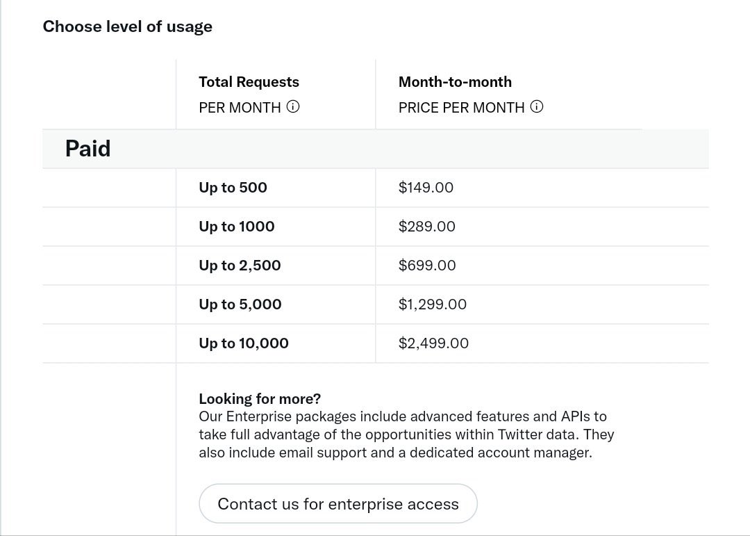 marckohlbrugge's tweet photo. There’s a lot of engagement farming around Twitter’s new API pricing.

The screenshot below are the prices for 30-day search. This has always been a paid end-point AFAIK.

Ignore.

No word yet on the actual new pricing plans. https://t.co/VCMZh9Su2N