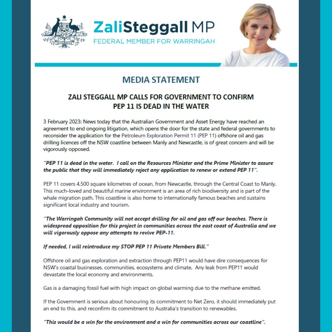 zalisteggall's tweet photo. PEP 11 is dead in the water! Our communities will stand against this. I call on the Albanese Govt &amp; Minister King to unequivocally reject any application to renew or extend PEP 11. I will reintroduce my #StopPEP11 Private Members Bill if needed.  #PEPoff #PEP11 #saveourcoasts https://t.co/UG7oOLtWoF