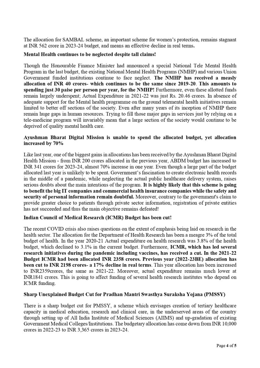 SonaliVaid's tweet image. “National #MentalHealth Programme received a #measly allocation of INR 40 crores- which is same since 2019-20. Just 30 paise per person per year!”

“Ayushman Bharat Digital Mission #unable to spend allocated budget, yet allocation increased by 70%”

@jsa_india
#Budget2023