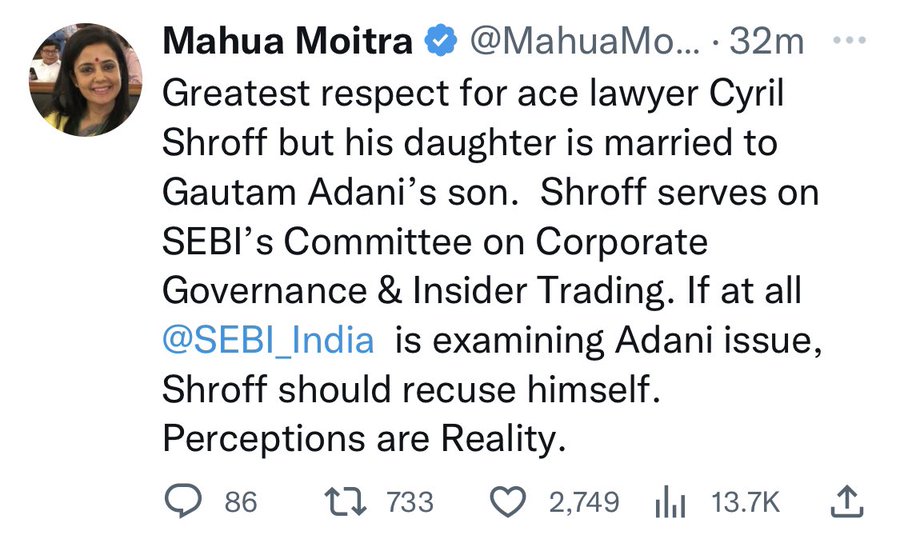 Hindenburg report: Mahua Moitra questions SEBI panel member's links to Adani family | The News Minute