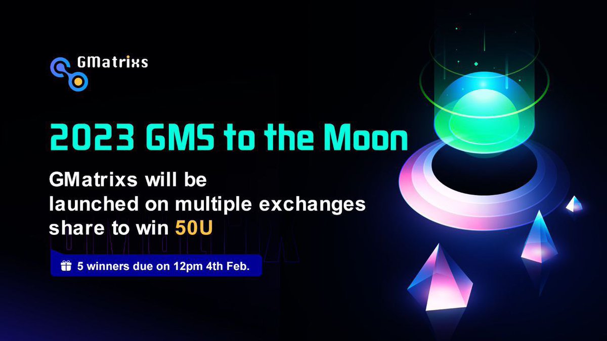 Gmatrixs1's tweet photo. 2023 GMS to the Moon🔥🔥

GMatrixs will be launched on multiple exchanges, share to win 50U💰

1. Tag 3 friends
2. Join official TG（https://t.co/N9nSFcaigk）
3. Send ‘GMS to the moon’
5 winners will get 10U each

The activity is closed on Saturday night, Singapore time. Go go👏 https://t.co/SCqCfHz0xq