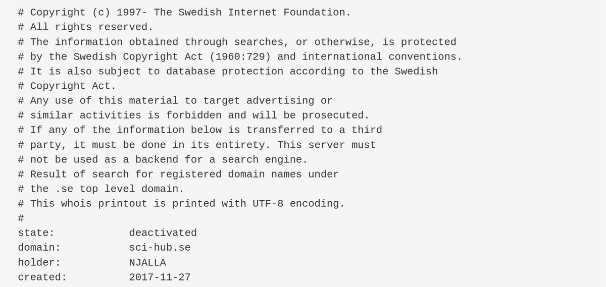 yesterday I noticed problems when trying to open Sci-Hub website: at first, I was thinking that is some DDoS attack, but after checking again today, found out that sci-hub.se domain that was resistant for many years has been deactivated :(
use sci-hub.ru
