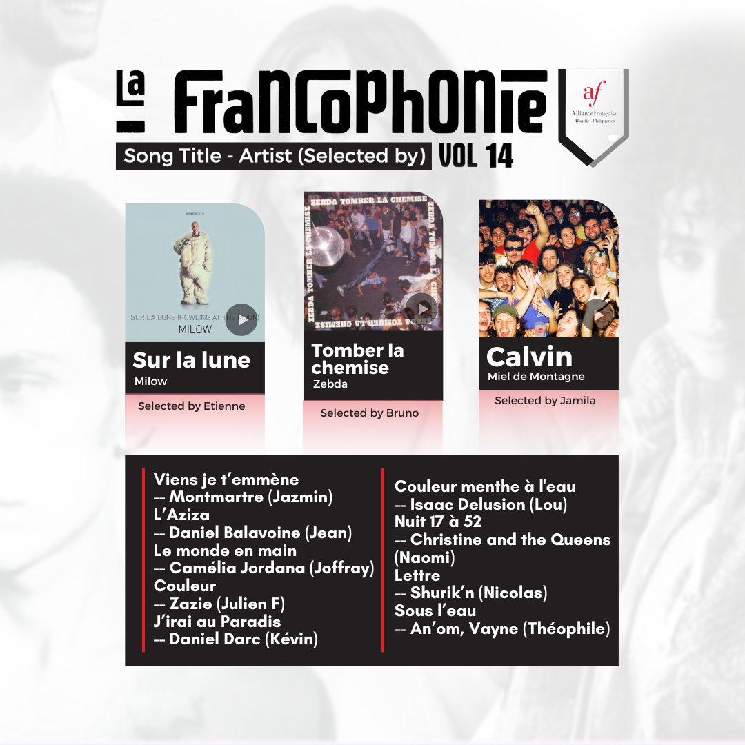 AFManille's tweet photo. 📣 The Alliance Française de Manille Playlist 14th Edition has dropped ‼️
👉🎧 https://t.co/jLYo1mBgyc
Discover French songs chosen by the AFM Team and Instructors!
#AFMPlaylist #music #playlist #frenchmusic #frenchsongs https://t.co/Tb9VzlbR4d
