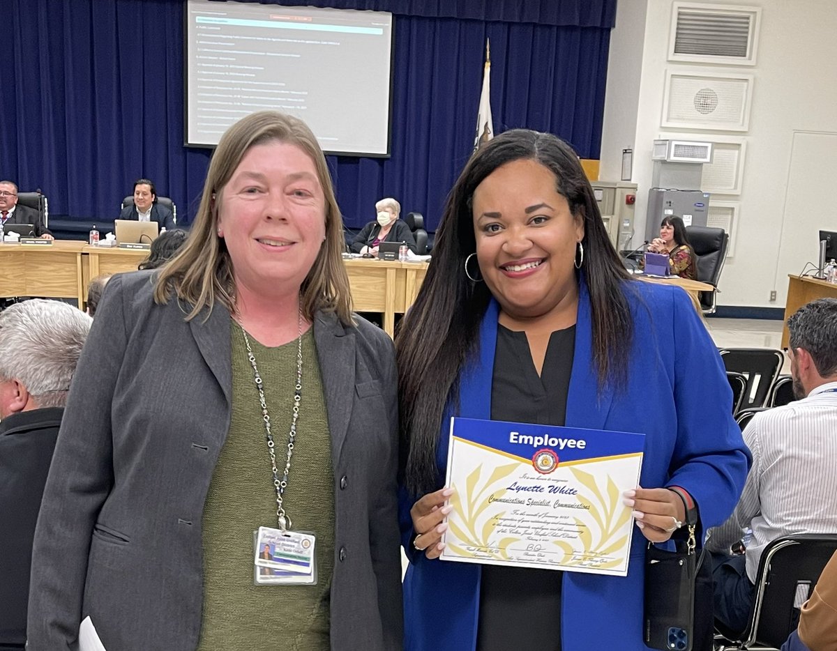 What a joy and honor to recognize <a href="/lynettewsocial/">Lynette White</a> at tonight’s Board meeting for her outstanding work as a #CJUSD Communications leader! ❤️#schoolPR #tellyourstory #CJUSDChats @MsNyreeClark