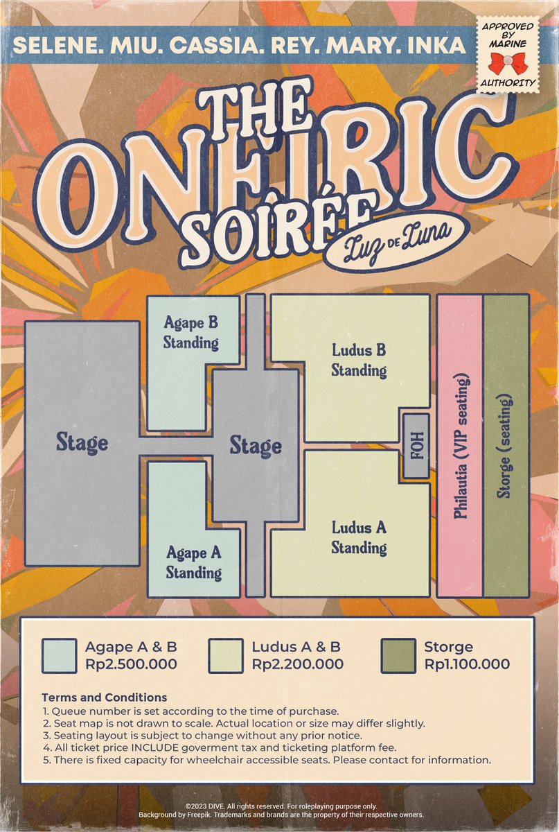 ㅤ
ㅤ
                  𝐓𝑰𝑪𝑲𝑬𝑻 &amp; 𝐒𝑬𝑨𝑻 𝐏𝑳𝑨𝑵

  𝐀𝐠𝐚𝐩𝐞 : Rp. 2.500.000
  𝐋𝐮𝐝𝐮𝐬 : Rp. 2.200.000
  𝐏𝐡𝐢𝐥𝐚𝐮𝐭𝐢𝐚 : invitation only, NFS
  𝐒𝐭𝐨𝐫𝐠𝐞 : Rp. 1.100.000
ㅤㅤ
ㅤㅤ