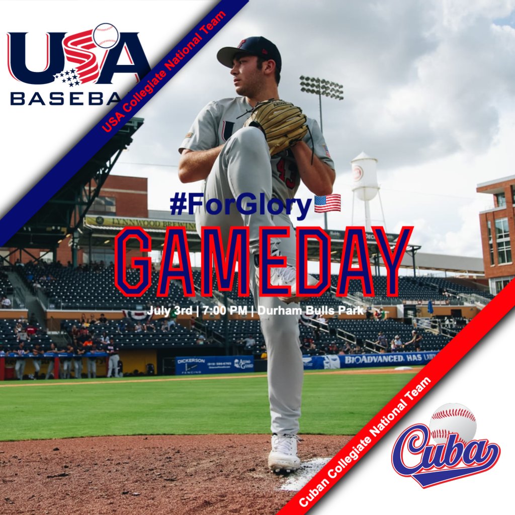 USA_baseball_20's tweet photo. Game 2 against the Cuban Colligate National Team is ONE HOUR away!! 

🇺🇸🇺🇸🇺🇸🇺🇸🇺🇸🇺🇸🇺🇸🇺🇸🇺🇸🇺🇸

Opponent: Cuba
Time: 7:00 PM PT
Location: Durham, N.C
Stadium: Durham Bulls Athletic Park 
Stats:  : https://t.co/rXOh1E3DZM
Livestream: https://t.co/Q06pVtVZcI

#ForGlory🇺🇸 https://t.co/wnZsVJv0pf