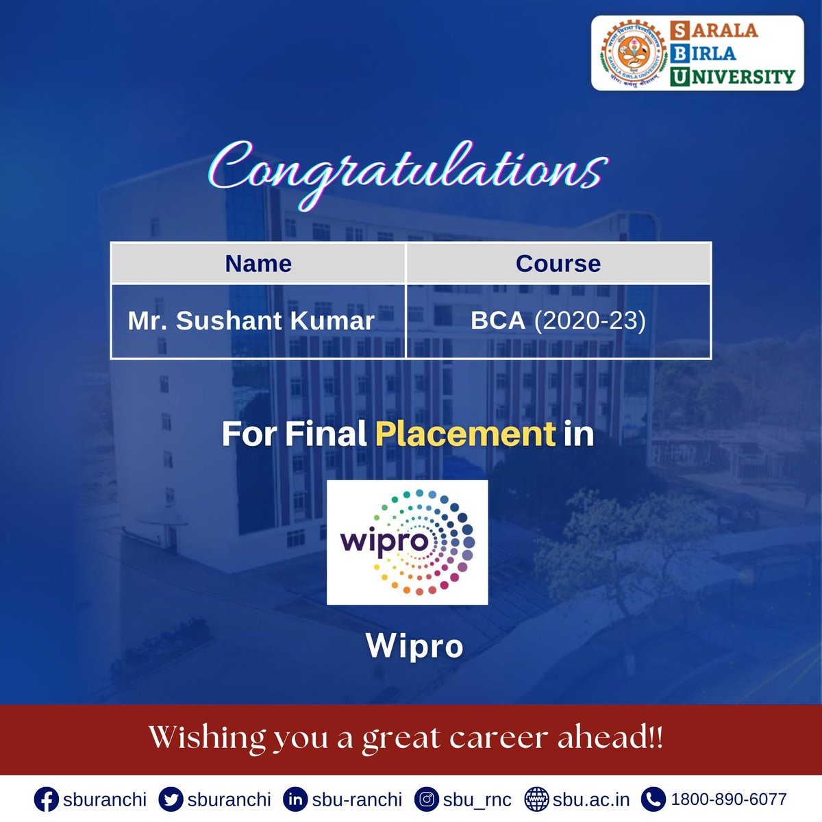 sburanchi's tweet photo. Congratulations to Mr. Sushant Kumar of BCA (2020-23 Batch) for his Final Placement in Wipro.
#sbu #sburanchi #campusplacement #finalplacement #bcaplacement #Wipro https://t.co/kk8IhM22n3