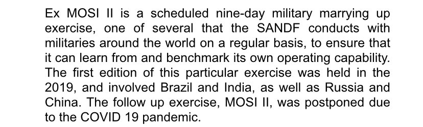 The SANDF has issued a further correction on its clarification statement on Exercise Mosi II, correcting its claim that India took part in Mosi I in 2019.
But the earlier statement wrongly mentioned Brazil too.
Guess we need a correction on the correction on the clarification.