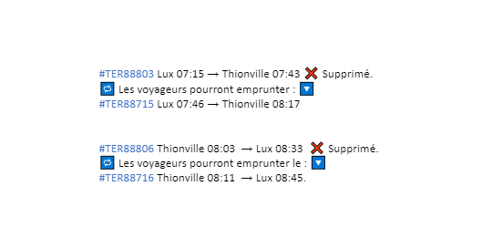 TERNancyMetzLux's tweet photo. 🎙️ #InfoTrafic
📢 Les #TER suivants sont supprimés ❌ en raison de la panne d'un passage à niveau entre Thionville et Bettembourg. https://t.co/C9letCnf1z