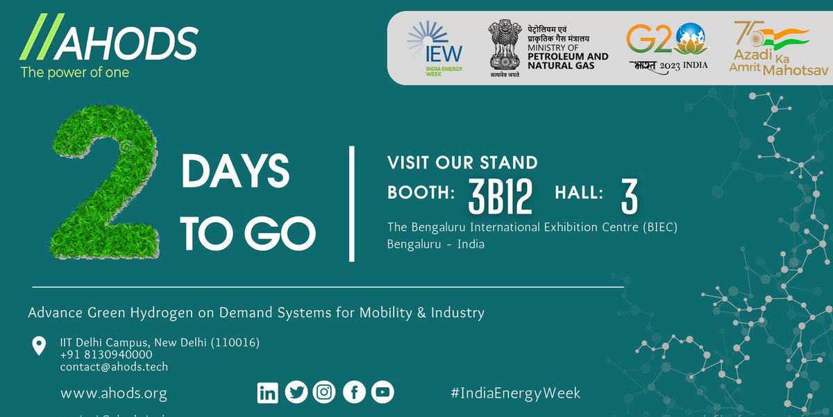 Only 2 days to go for India's #EnergyMahakumbha, The India Energy Week. 

AHODS Technologies invites you to visit us at India's biggest all-encompassing international energy event at Hall 3 Booth 3B 12. 

#AHODS magnificent pavilion awaits you! 

#G20India #IndiaEnergyWeek